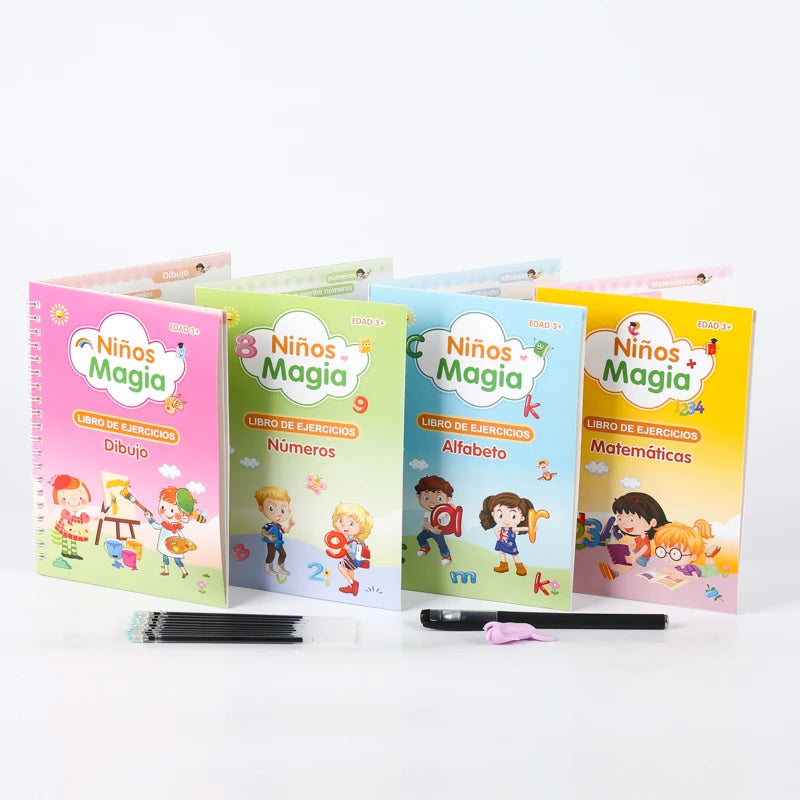 Spanish 4 Books Magic Reusable Calligraphy Book for Preschool Kids Practice Writing Copybook