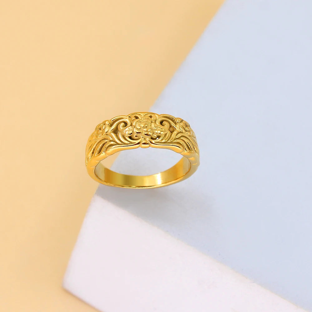 Professional Textured Design Stainless Steel Ring PVD Gold Plated Engrave Hand Jewelry China Wholesale Low MOQ