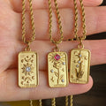 Fashion Square Tarot Pendant Zircon Necklace Star Flower Sun Retro Relief Stainless Steel Twists Chain Necklace Fashion Jewelry