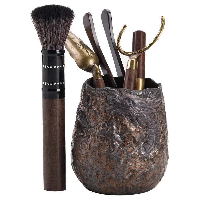 Retro Stoneware Tea Ceremony Set Six Blackwood Metal Tools Including Tea Needle Tea Clip Pot Maintenance Pen Handcrafted Ceramic