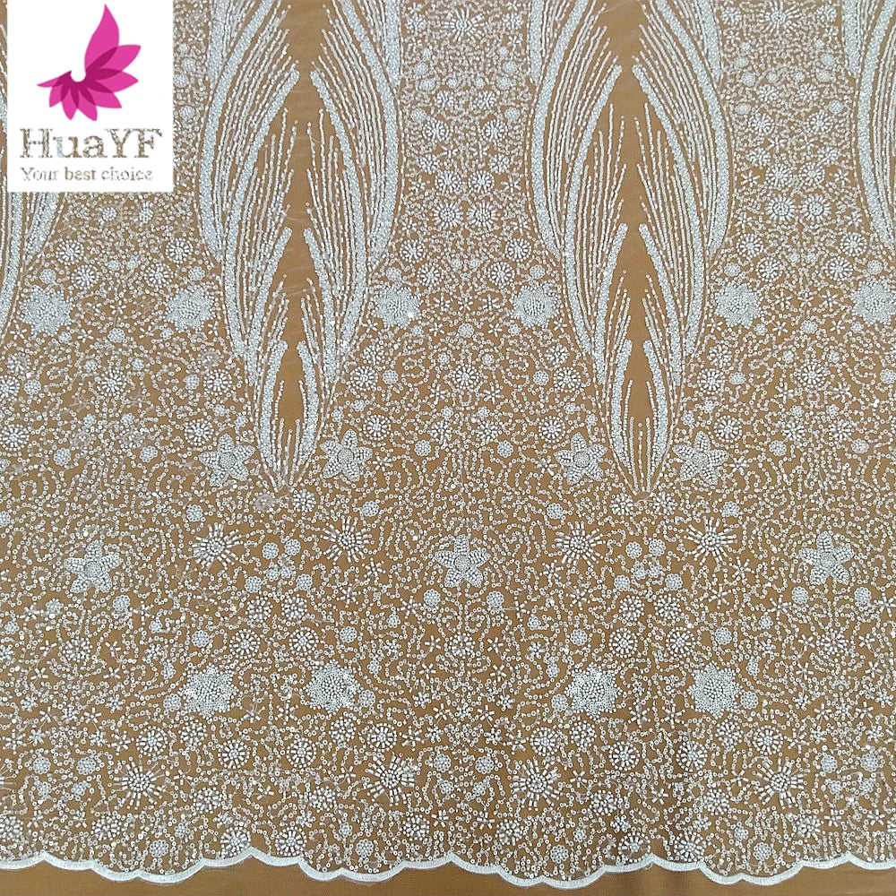 HY3025 White Heavy 3d Sequins Long Beaded Lace Tulle for African Wedding Bridal Dress Asoebi