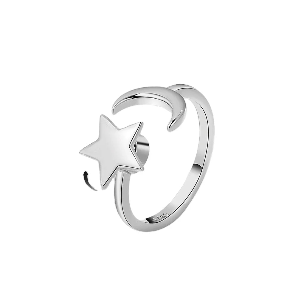 Daidan Anxiety Ring Sterling Silver Simple Rings Jewelry Women Adjustable Trendy Moon and Star Spinner Ring