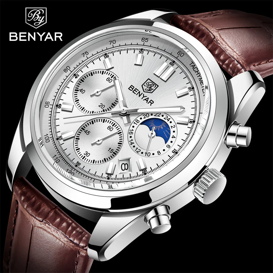 BENYAR Men Watch 5193 Chronograph Waterproof Sport Brown Genuine Leather Male Wristwatch Top New Luxury Gift Man Clock