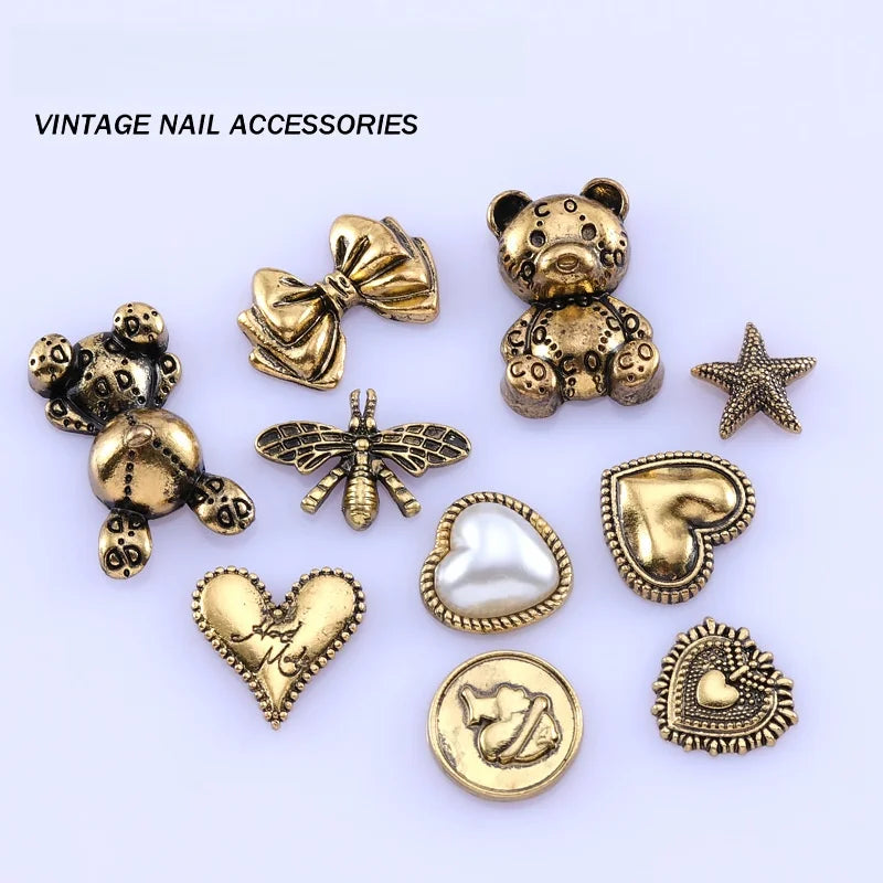 Luxury Mixed Jewelry 3D Retro Style Nail Art Decoration Wholesale Bear Love Shapes Nail Charms Manicure Accessories