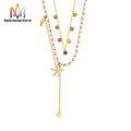Cute Fashion 18K Gold Plated Titanium Colored Diamond Pearl Beads Necklace Double Layered Trendy Stainless Steel Jewelry
