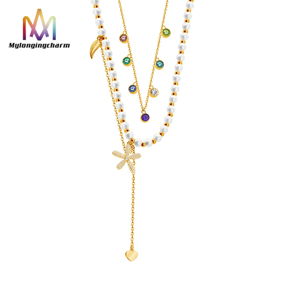 Cute Fashion 18K Gold Plated Titanium Colored Diamond Pearl Beads Necklace Double Layered Trendy Stainless Steel Jewelry