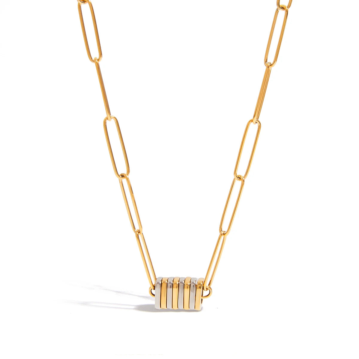 J&D Modern Minimalist Ladies 18K Gold Plated Stainless Steel Two Tone Simple Clasp Paperclip Chain Necklace Dainty Jewelry