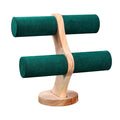 Arc-shaped Wood 2-Layer Flat T-Bar Black Leather Jute Green Velvet  Bracelet Watch Chain Holder