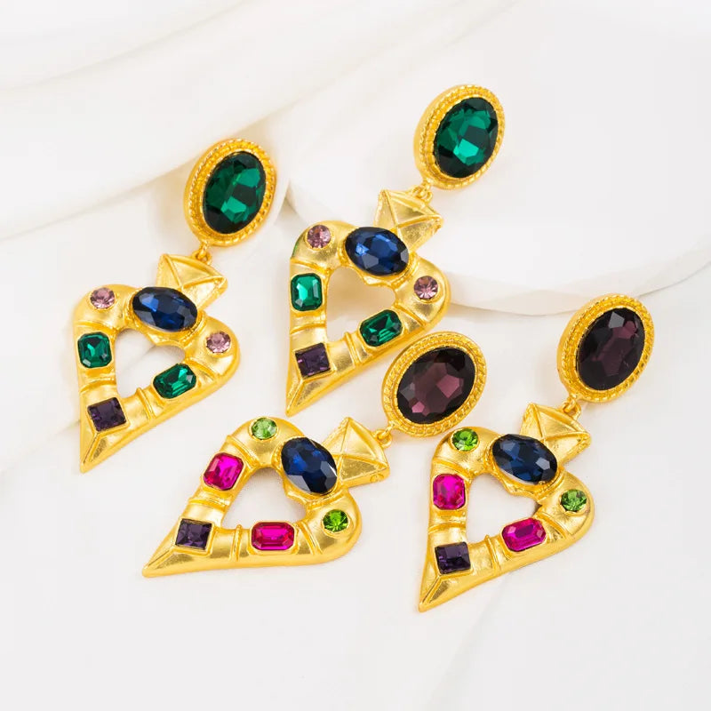Trendy Exaggerated Colorful Boho Style Heart Charms Love Rhinestone Earrings Jewelry for Women