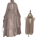 Hot Selling Abaya Women Muslim Dress 12 Colors Three-layer Pearl Chiffon Fancy Open Abaya and Hijab 2 Piece Set