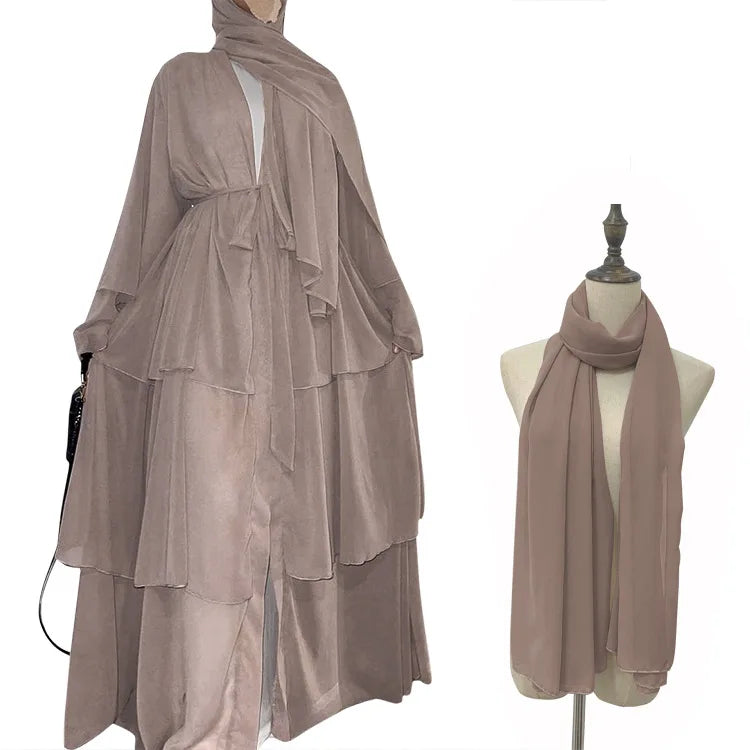 Hot Selling Abaya Women Muslim Dress 12 Colors Three-layer Pearl Chiffon Fancy Open Abaya and Hijab 2 Piece Set