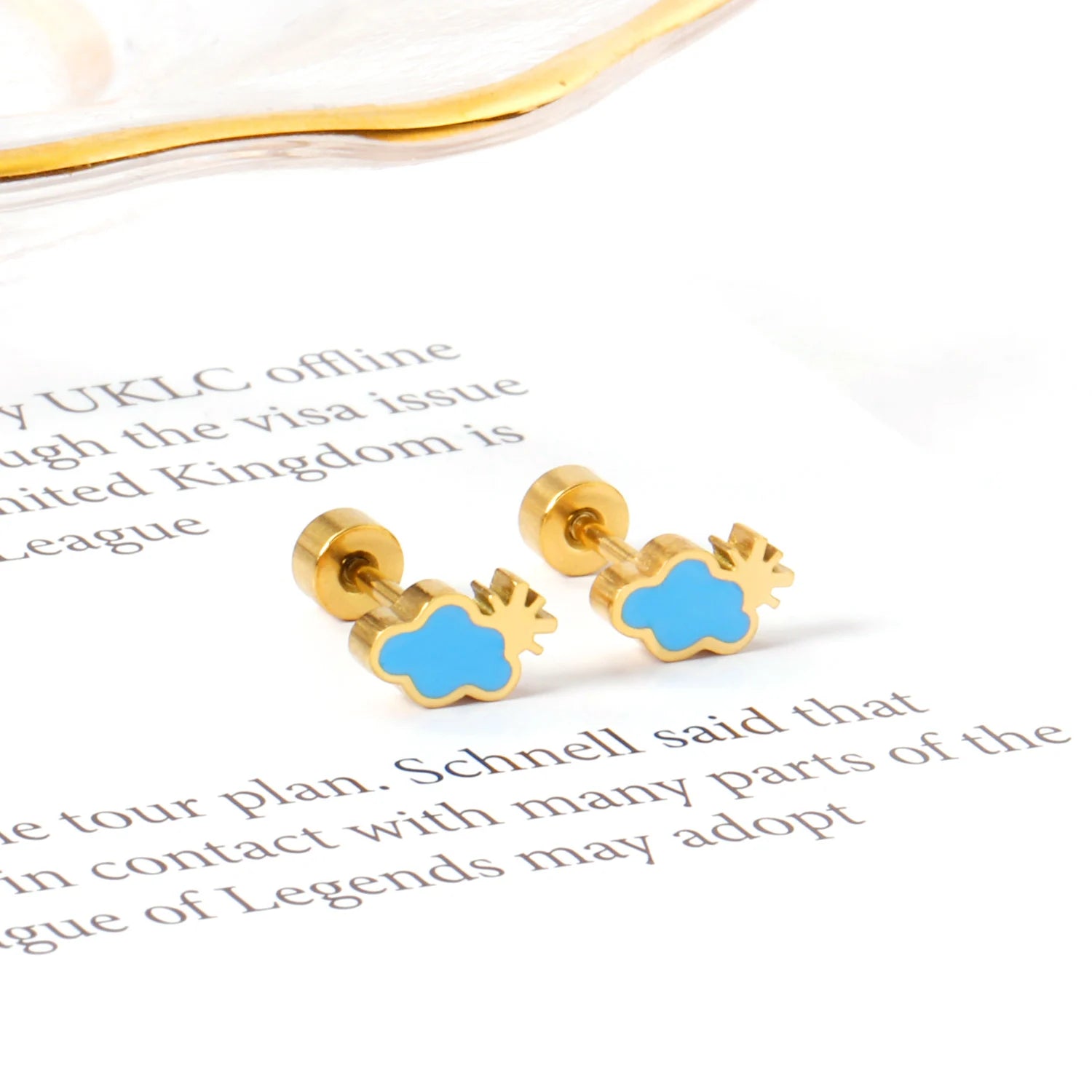 Cute Blue Cloud Stud Earrings in 18K Gold Plated Stainless Steel Lightweight Hypoallergenic for Women Girls Daily Wear Gift