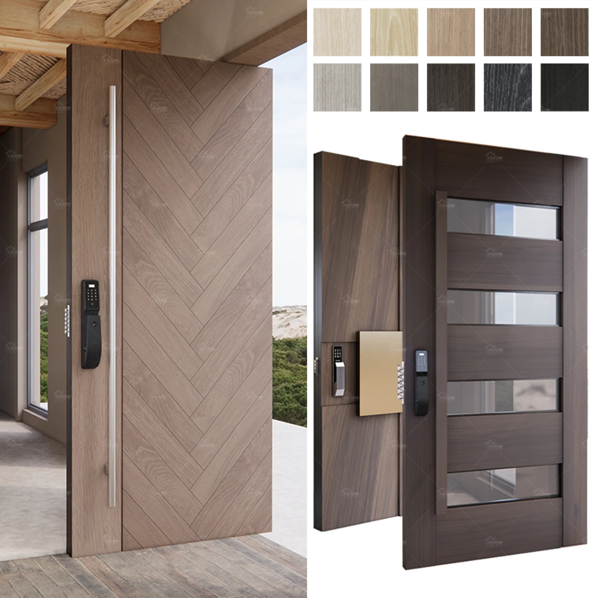 Custom EU Style Entry Front Door Exterior Hotel Room Doors Smart Lock Main Pivot Security External Wooden Door
