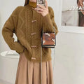 CIS Women's Brown Twist Jacquard Cardigan Autumn Winter Warm Retro Knitted Sweater Jacket Horn Buttons Casual Style Front Logo