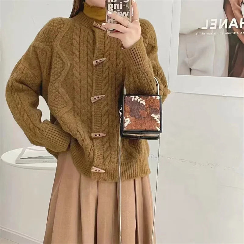 CIS Women's Brown Twist Jacquard Cardigan Autumn Winter Warm Retro Knitted Sweater Jacket Horn Buttons Casual Style Front Logo