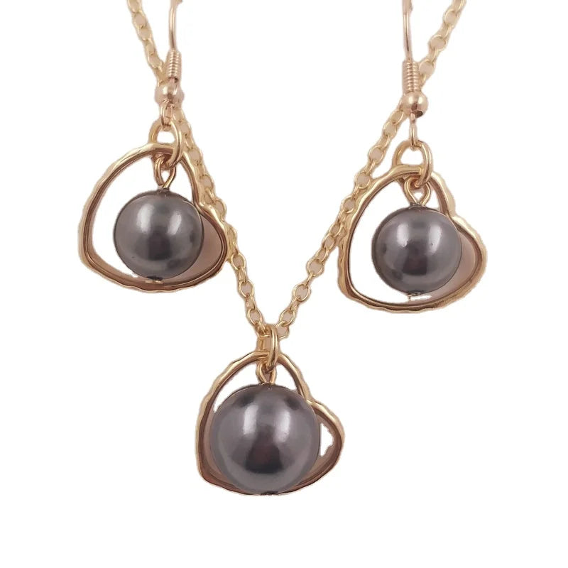 Hawaiian Pearl Earring Set with Heart Pendant Gold Tribal Jewelry Set Gold Filled Plain Ring Bracelet Bangle for Women