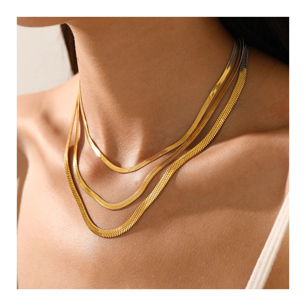 Fashion Tarnish Free Jewelry 18k Gold Plated Stainless Steel Necklace Flat Snake Chain Clavicle Blade Necklace YF2944