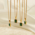 Tarnish Free Women Jewelry 18K Gold Plated Rectangle Emerald Cubic Zirconia Necklace Stainless Steel Link Chain Necklace YF3057