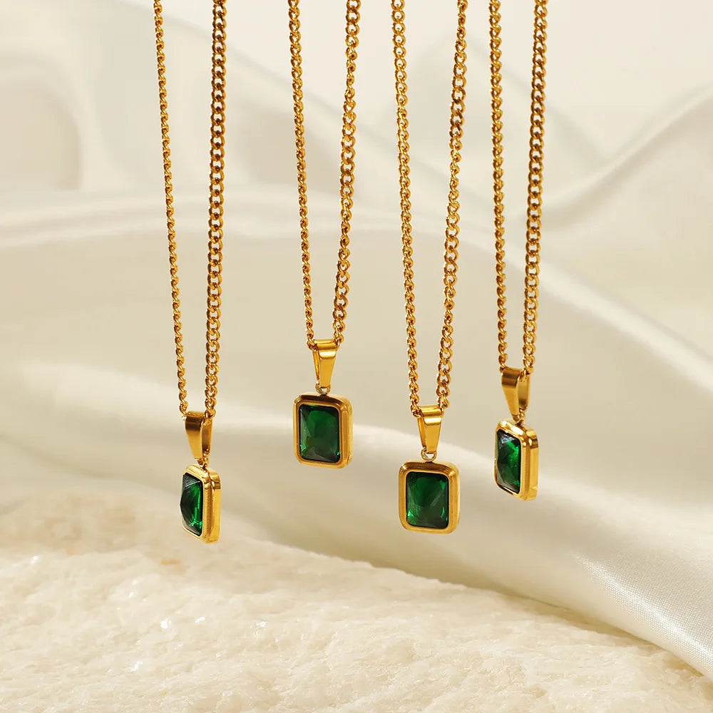 Tarnish Free Women Jewelry 18K Gold Plated Rectangle Emerald Cubic Zirconia Necklace Stainless Steel Link Chain Necklace YF3057