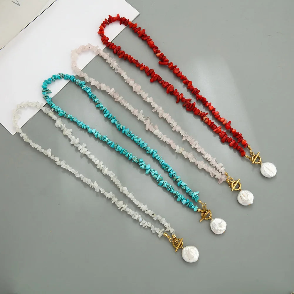 Baroque Pearl Necklace OT Clasp Natural Turquoise Stone Necklace Vintage Jewelry for Women