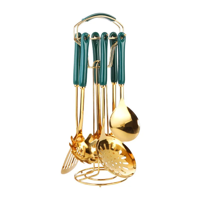 Wholesale Luxury Gold 7 Pcs Kitchen Cooking Spatula Colander Soup Ladle Pasta Server Turners Accessories Set New Metal Material