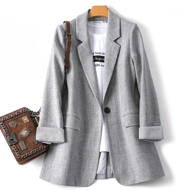 RNSHANGER Office Lady Casual Blazers for Women Fashion Single Button Long Sleeve Outerwears Spring Casual Suit Coat