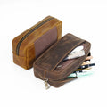 AIGUONIU Handmade Genuine Cowhide Leather Pencil Case Zipper Pen Protection Bag Holder for School Supplies