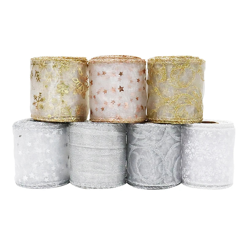 Custom Silver Gold Hot Stamping Christmas Wire Edged Ribbon Sheer Organza Printed Ribbon for Gift Package