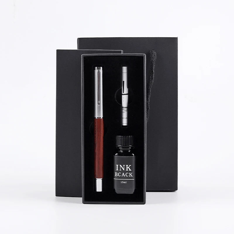Newest Handmade Heavy Rosewood Pen Fine Nib Metal and Natural Solid Wood Fountain Pen Set with Ink Bottles