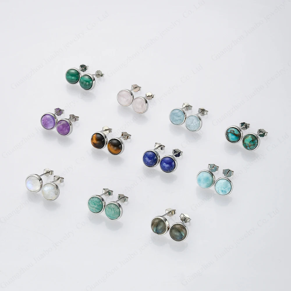 Rhodium Plated 925 Sterling Silver Women Healing Crystal Moonstone Studs Larimar Round Gemstone Earring