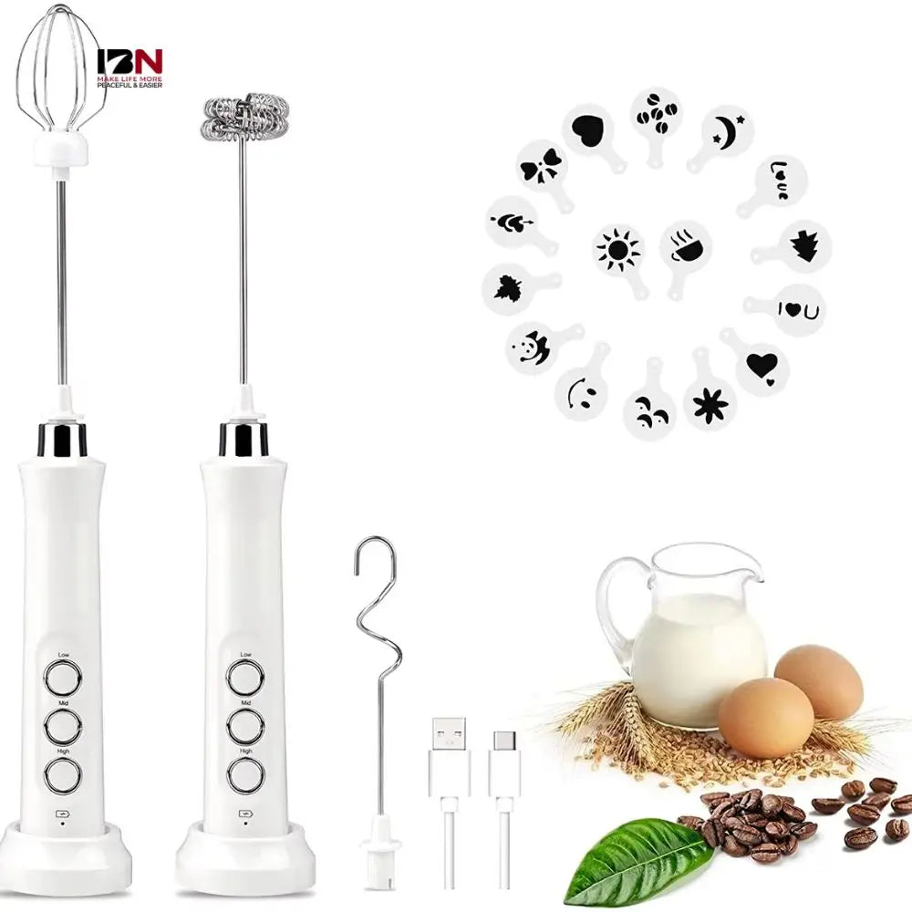 Powerful Usb Rechargeable Milk Frother Handheld Electric Aeroccino Milk Coffee Foam Maker with 3 Whisks White Black