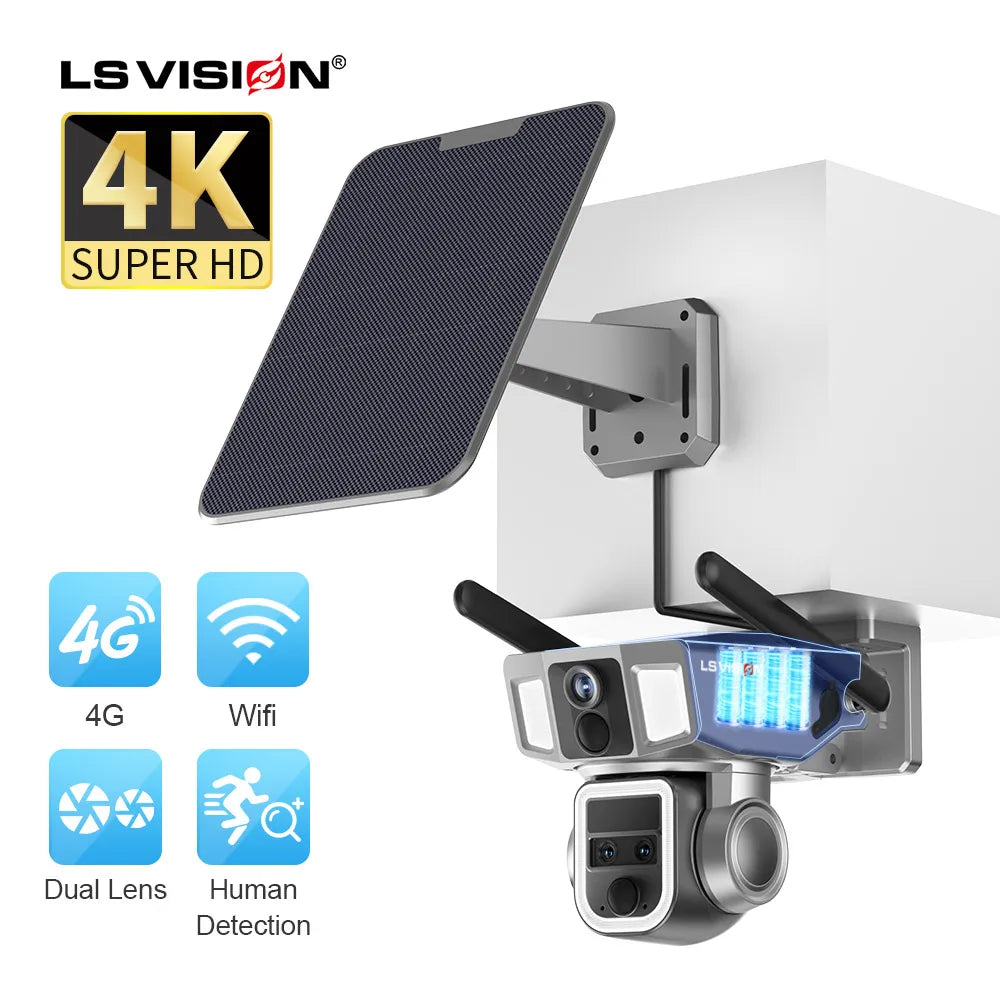 LS VISION IP66 Outdoor Wifi and 4G 2 in 1 Waterproof 4MP 10X Zoom Dual Lens CCTV Auto Human Track 4G&wifi  Solar PTZ Camera