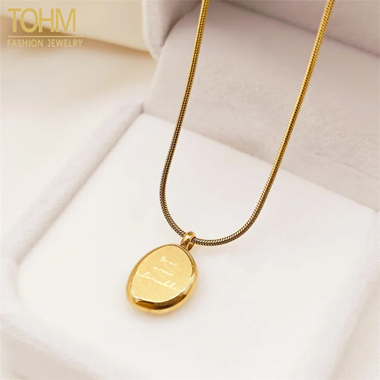 Hot Sale Simple Korean Stainless Steel 18k Gold Plated Small Bean Letter Engraved Pendent Necklace Women