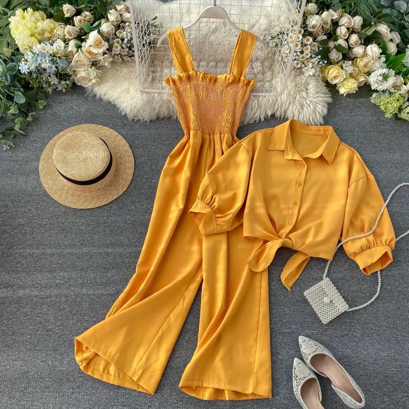 Wholesale 2026 Summer New Holiday Style Two-piece Suit Suspenders Wide-leg Jumpsuit and Stand-up Collar Short-sleeved Shirt Sets