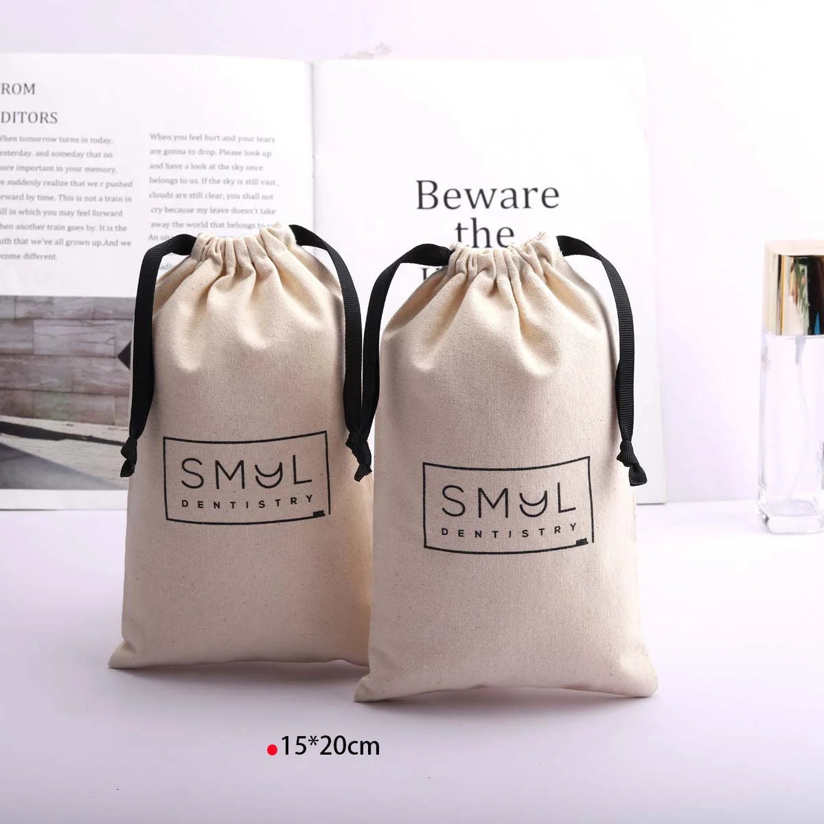 10*15cm Custom Logo Printed 8oz Canvas Jewelry Gift Packaging Bag Drawstring Cosmetic Skincare Storage Cotton Poouch