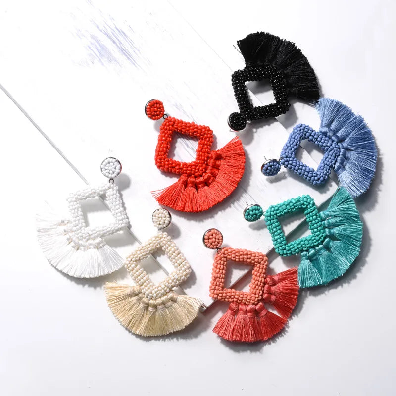 New European Rice Beads Geometric Wedding Macrame Handmade Seed Bead Earrings for Women