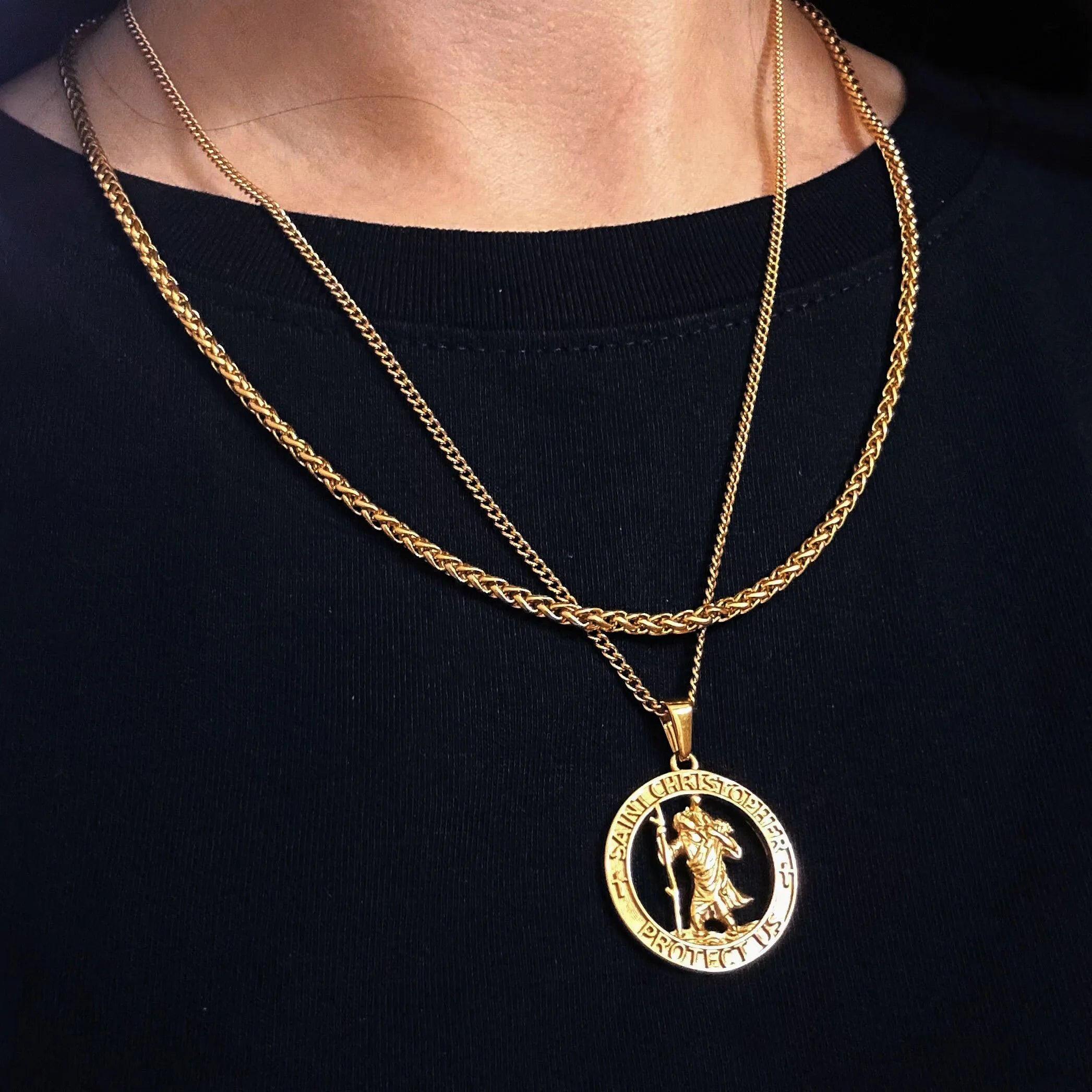 18k Gold St Christopher Layered Set North Star Pendant Chain Necklace Gold Compass Pendant Rose Cross Necklace Gift for Men