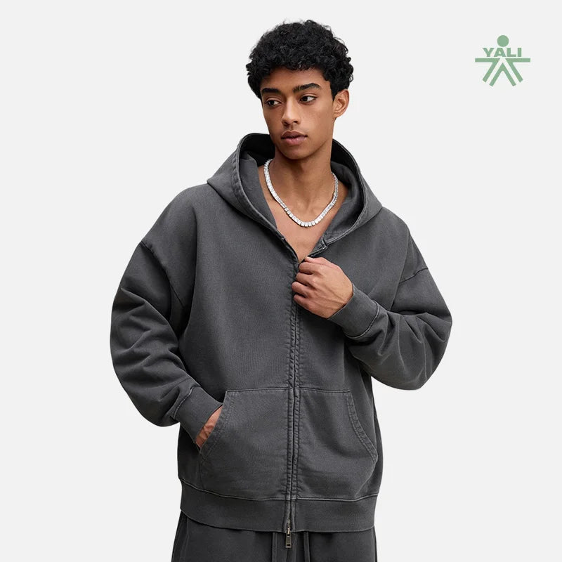 Yali Custom logo Wash Vintage Blank Cotton Heavy Thick Full Face Zipper Hoodie Men Oversized Zip up Hoodie