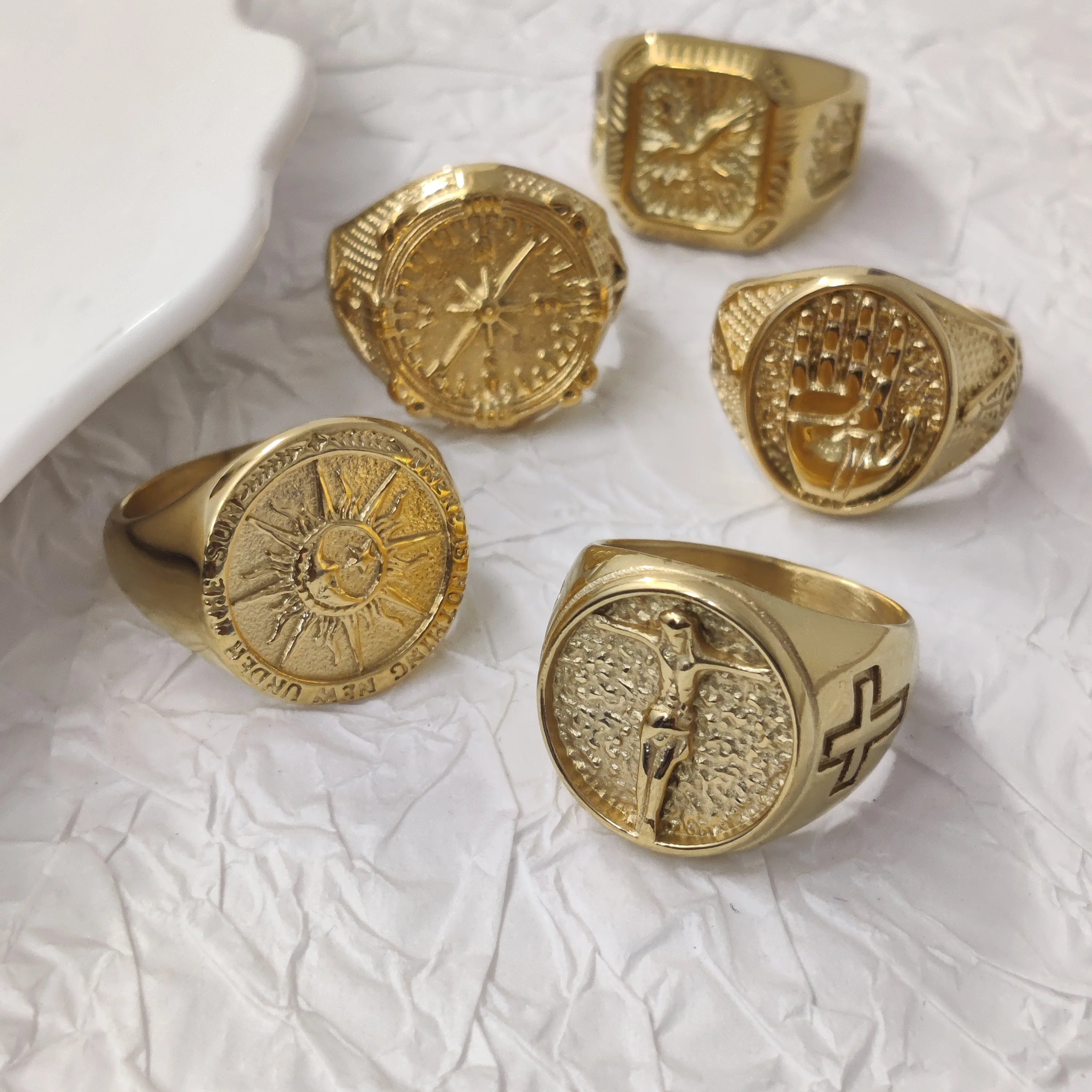 Personalized Retro18K Glod Plated Stainless Steel Ring Jewelry Hip-Hop Style Featuring Jesus Cross Ring for Men Boys MRD021