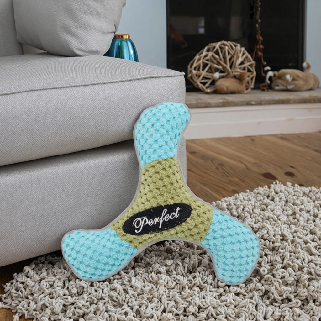 JJT Cute Classic Dog Training Teething Plush Squeaky Boomerang Toys-Eco-Friendly & Durable Three Color Options