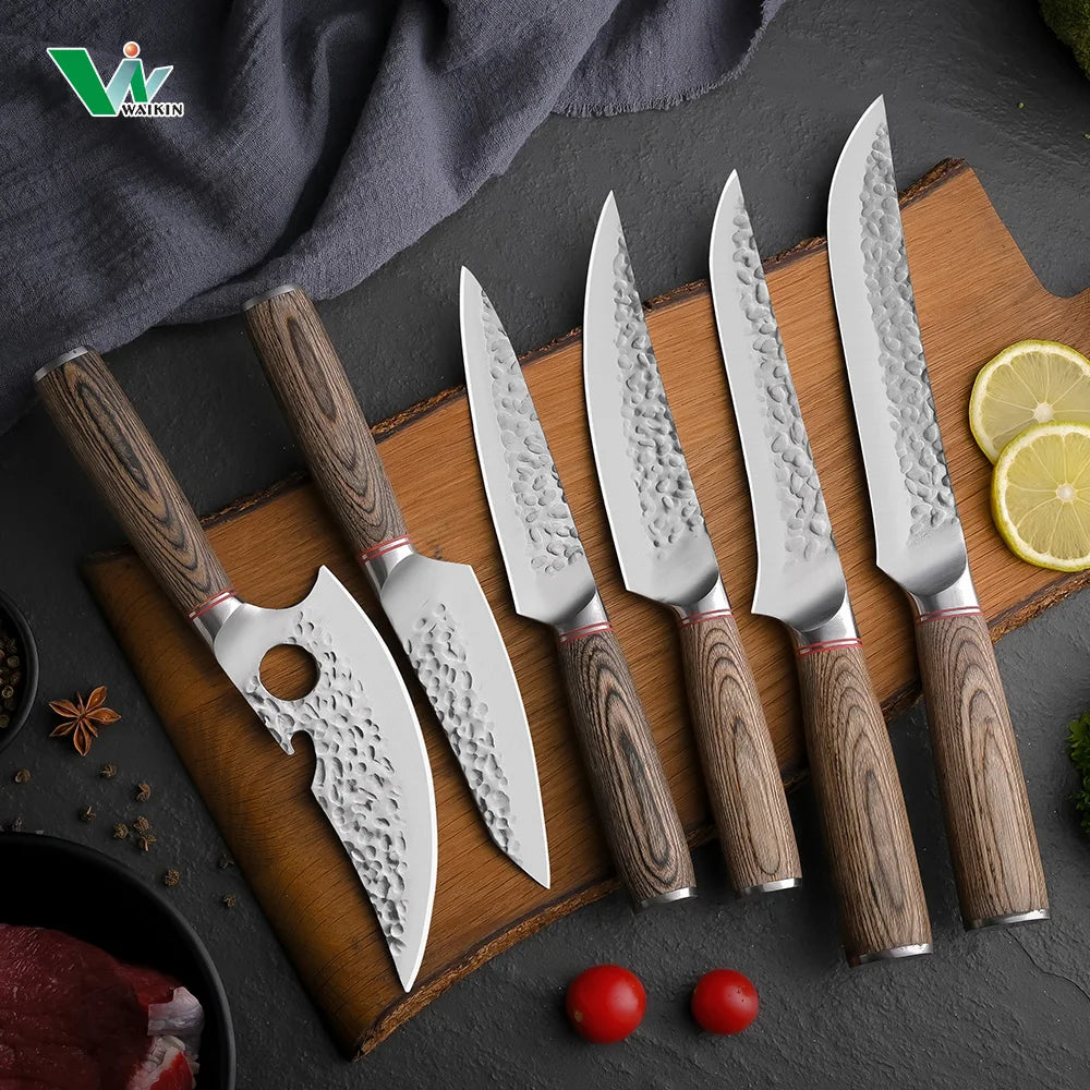 6 Pcs Handmade High Carbon Steel Kitchen Knife Set Kiritsuke Chef Santoku Nariki Boning Utility Paring Knife Pakkawood Handle