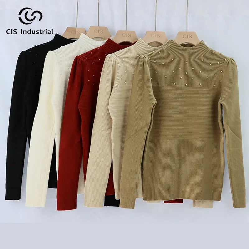 OEM ODM Custom Design Basic Knitwear Pullover Sweater for Women Casual Top Knitted Rib Half Turtleneck Winter Season Front Logo