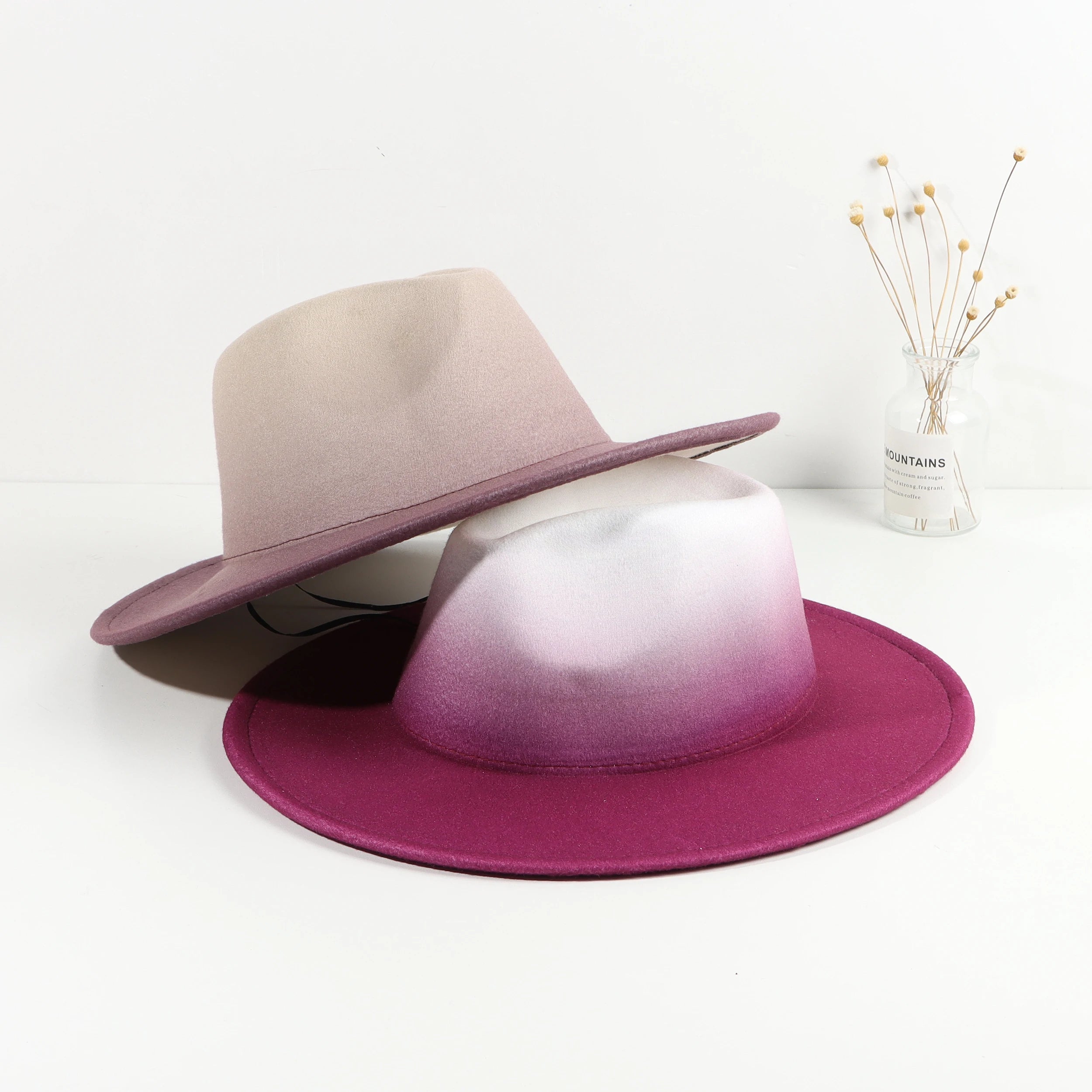 Trending Color Gradient Panama Fedora Hat Wide Stiff Brim Wool Women Men Winter Fall Plain Ribbon Parties