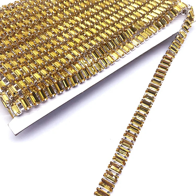 Silver Diamante Rhinestone Trim With Colored Glass Stones Chain for Sewing DIY Dresses Bags Shoes