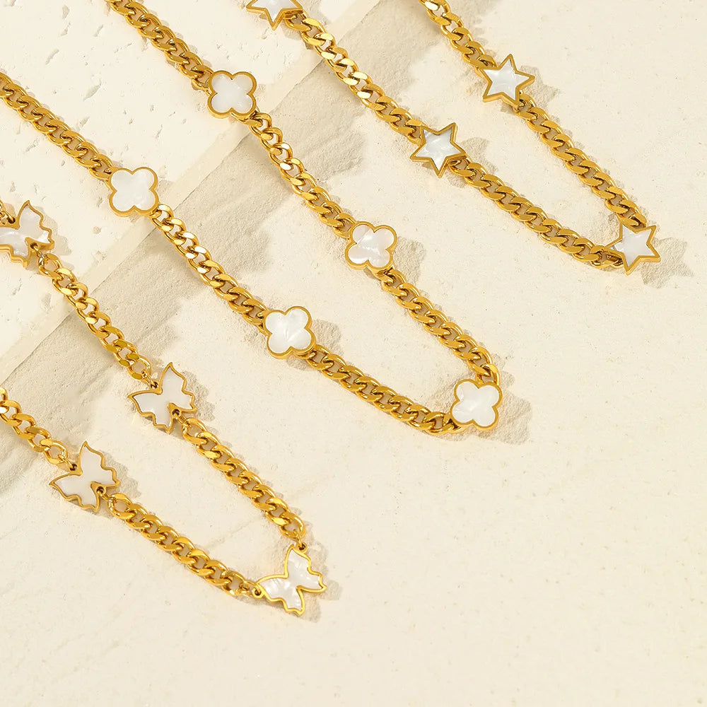 Fashion Stainless Steel Hip Hop Cuban Chain Shell Four Leaf Clover Star Butterfly Necklace Women