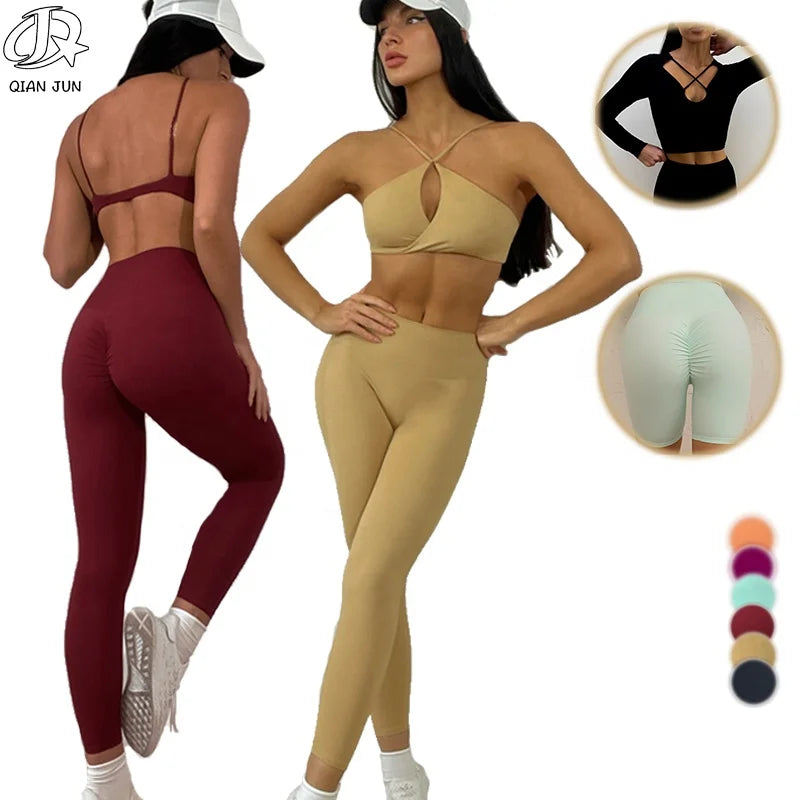 Fitness Workout Activewear Gym Seamless Halter Sports Bra Nylon 4 Piece Yoga Athletic Wear Set for Women