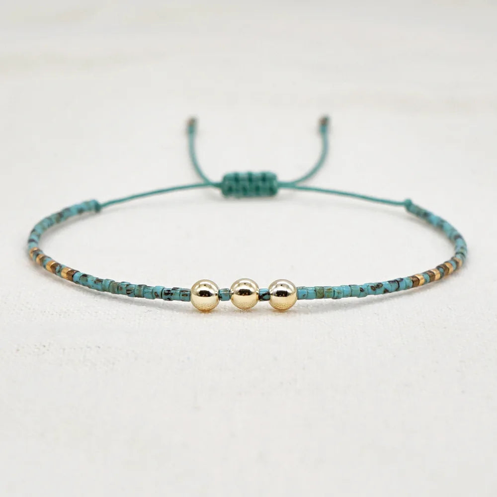 Minimalist Bohemia Japanese Miyuki Seed Beaded Bracelet Handmade Adjustable 4mm Gold Plated Copper Beads Rusty Turquoise Gift