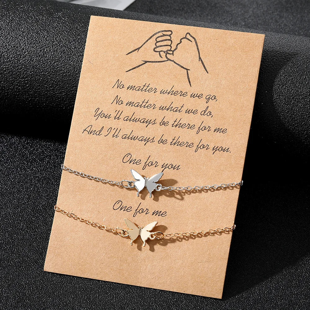 Gold and Silver Color Alloy Chain Adjustable Butterfly Bracelet Set for Women Girl Best Friends 2 Pcs/Set Paper Card Bracelets