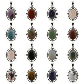 Fashion Hiphop Oval Shape Smooth Cabochon Gemstone Silver Pendants for Women Gifts Flower Necklace