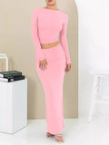 Custom Logo Autumn Winter Women Clothing Long Sleeves O Neck Crop Top Midi Dress Women Two Pieces Skirt Set